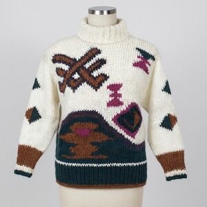 Lauren Hansen Hand Knit‎ Wool Turtleneck Sweater Geometric Medium Ivory 80s VTG